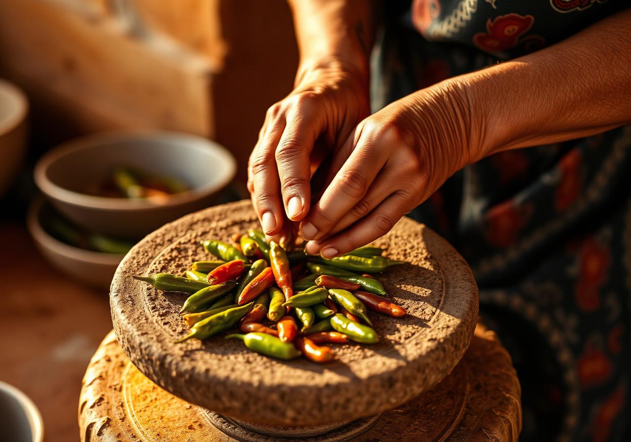 Hands grinding chiles on a metate stone in Oaxaca